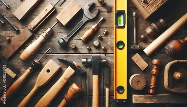 Fototapeta Flat lay of various carpentry tools including a spirit level, chisel, and hammer on rustic wooden background.