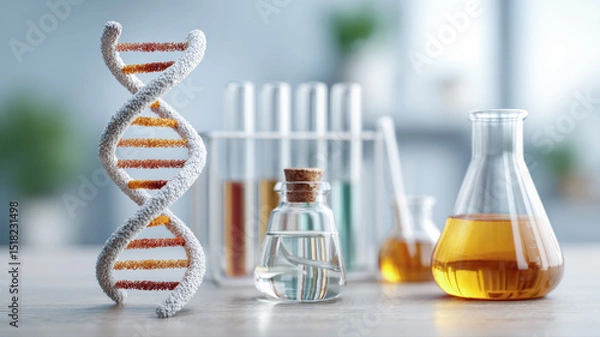 Fototapeta DNA model and various laboratory glassware with colorful liquids on a laboratory table, symbolizing scientific research and biotechnology.