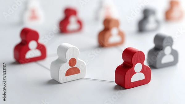 Fototapeta Wooden figures representing people are interconnected by strings, symbolizing networking and teamwork on a white background.