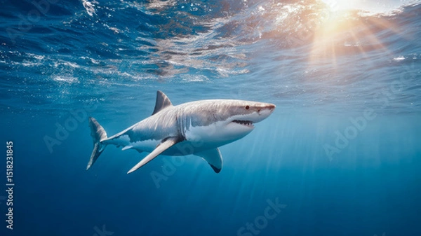 Fototapeta A great white shark swims beneath the ocean's surface, illuminated by sunlight streaming through the water.
