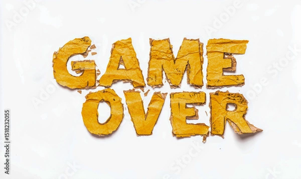 Fototapeta The phrase "GAME OVER" is spelled out using rough, torn yellow paper letters on a plain white background.