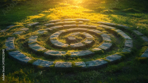 Obraz Ancient Spiral Stone Labyrinth on Grass at Sunset – Mystical Pathway of Weathered Rocks in Nature, Meditative Maze, Tranquil Landscape with Golden Light