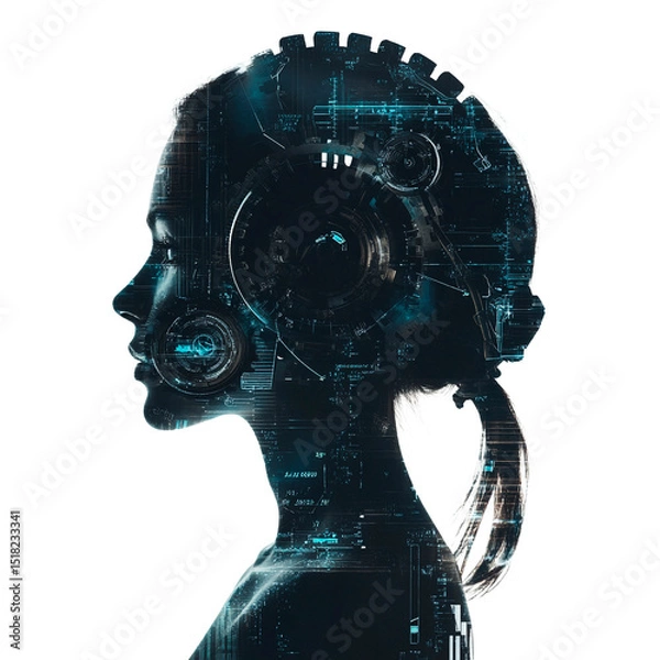 Obraz A futuristic profile of a woman merged with technology, creating an intriguing fusion of human and machine elements and technological designs.