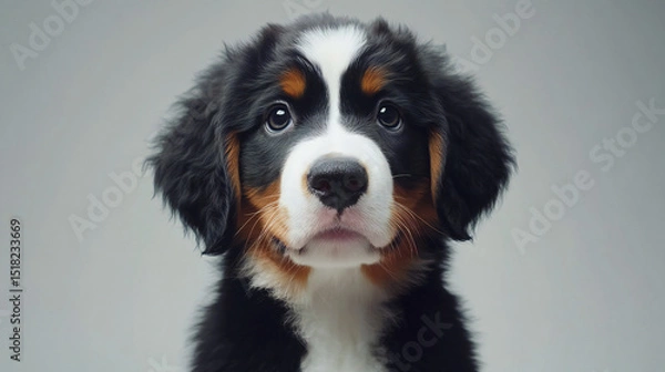 Obraz Bernese Mountain Dog Puppy Portrait – Cute Fluffy Tricolor Dog with Big Eyes in Studio Lighting on Neutral Background