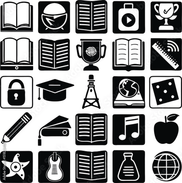 Fototapeta Collection of black and white icons representing education music and global concepts