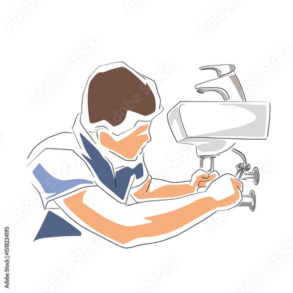Fototapeta Handyman plumber installs sink, technician service. Isolated vector illustration. Worker repair