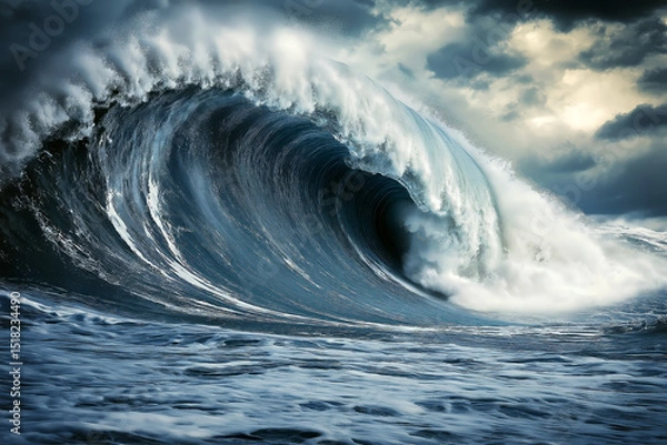 Obraz A giant tsunami wave rolling across the open ocean under dramatic cloudy skies, powerful water motion, wide view with detailed wave textures, no land in sight.