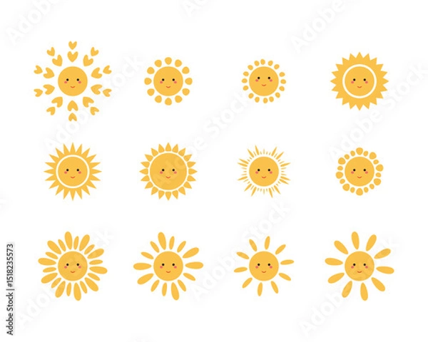 Obraz Cartoon happy Yellow sun clipart set, Vector sun icons collection with smiling face on white background