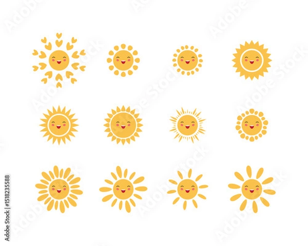 Obraz Cartoon laughing Yellow sun clipart set, Vector sun icons collection with smiling face on white background