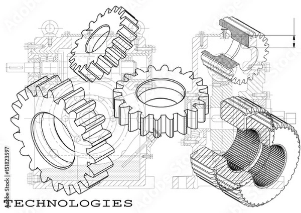 Obraz Machine-building drawings on a black background, wheels.