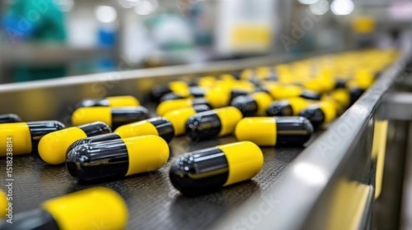 Obraz Yellow and black capsules move along a conveyor belt in a pharmaceutical manufacturing facility.