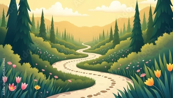 Fototapeta Winding Path Through Lush Green Forest Landscape with Footprints Spring Flowers and Soft Sunlight