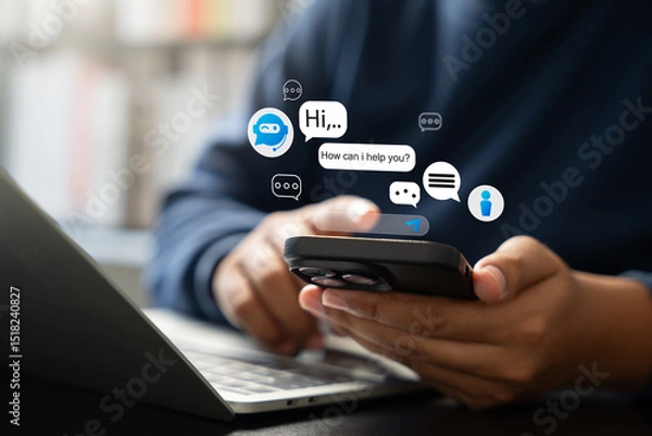 Fototapeta Businessman uses AI chatbot on smartphone for digital communication and customer service. Smart virtual artificial intelligence assistant, Intelligent system in today business and daily life world.