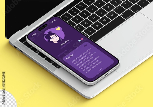 Fototapeta Phone Screen Mockup On Laptop Keyboard Web App Presentation