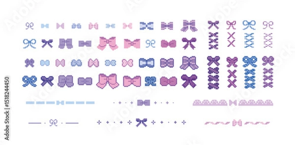 Obraz ドット絵のかわいいリボンの装飾イラストセット　編み上げ　あしらい　紐　ピクセル