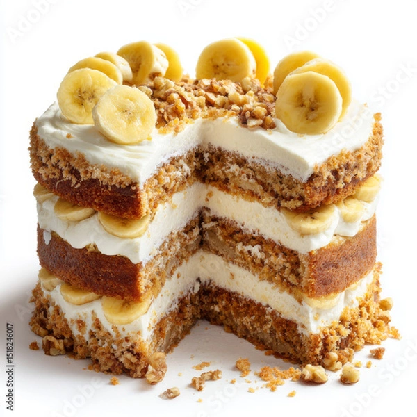 Fototapeta Banana cake with creamy frosting and walnut topping, layered with fresh banana slices, delicious and moist dessert