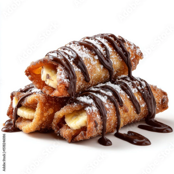 Fototapeta Banana filled fried dessert rolls topped with powdered sugar and drizzled with rich chocolate sauce on white background