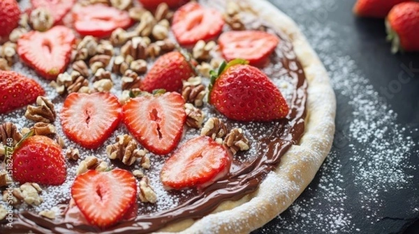 Fototapeta A close-up shot of a delicious dessert pizza with fresh strawberries and pecans.