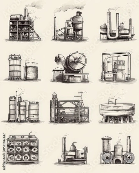 Fototapeta Hand-drawn style industrial icons for factories and production lines