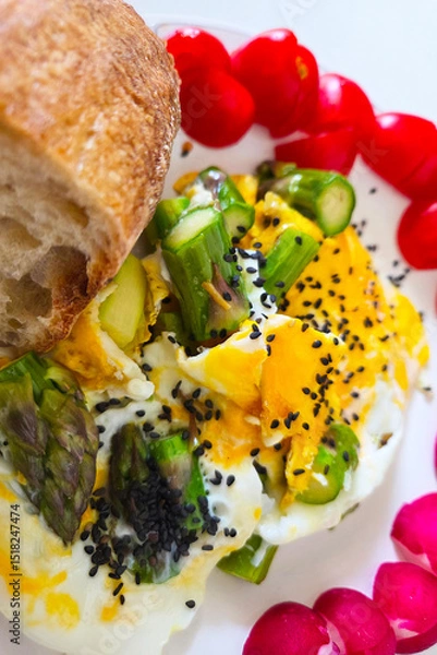Fototapeta Delicious Breakfast with Poached Eggs, Asparagus, and Black Sesame Seeds