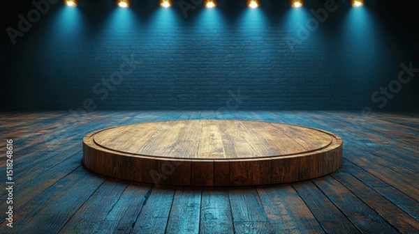 Fototapeta A captivating empty stage with a circular wooden podium, illuminated by bright spotlights against a textured dark wall, ideal for performances and presentations