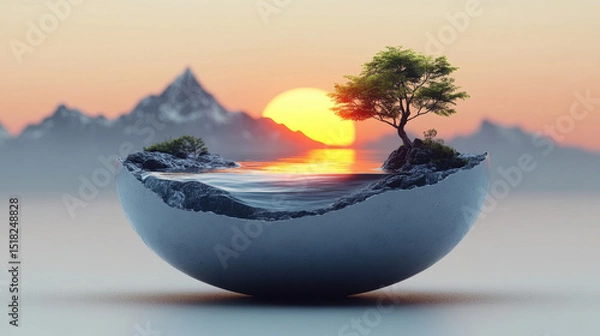 Fototapeta A captivating fusion of nature and art, this image features a tranquil scene with a tree on serene water, framed by a bowl horizon at sunset