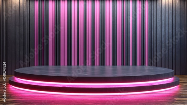 Fototapeta A modern empty stage featuring vibrant pink neon lights and a striped wall, ideal for creative presentations or performance events, showcasing elegance and style