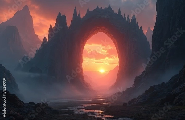 Fototapeta Dramatic fantasy landscape with sunrise. Mountains, rock formations with an arch and fog, surreal scenic view. AI-generated illustration for book cover, poster, game environment.