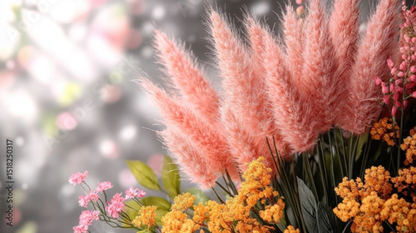 Fototapeta A stunning arrangement of pink pampas grass and vibrant flowers captures the essence of spring. Soft light creates a dreamy backdrop, enhancing natural beauty