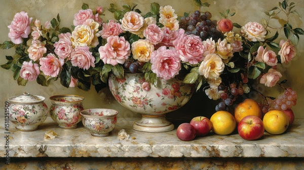 Fototapeta A stunning floral arrangement featuring delicate roses and fresh fruits artistically arranged on a marble surface, creating a vibrant and elegant still life