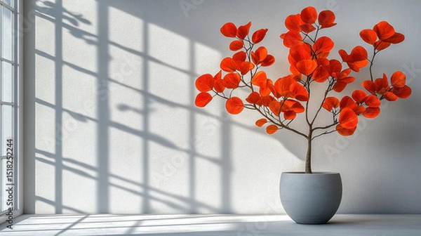 Fototapeta A stunning indoor plant features vibrant red leaves in a sleek pot, casting shadows on a bright wall. Perfect for modern decor and artistic spaces