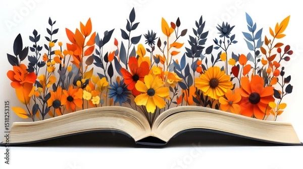 Fototapeta An open book adorned with vibrant paper flowers and foliage captures creativity and nature is beauty. Perfect for artistic projects or spring themes