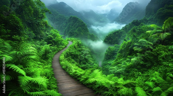 Fototapeta Discover a tranquil pathway winding through a lush green mountainous forest, enveloped in mist and surrounded by vibrant flora, perfect for nature lovers