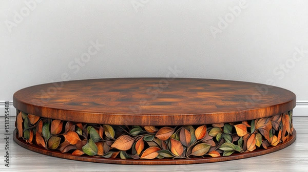 Fototapeta Stunning round wooden table featuring intricate leaf carvings. Perfect for enhancing any interior space with its elegant design and warm tones. Ideal for decor