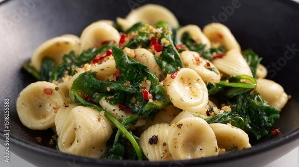 Fototapeta Orecchiette Pasta with Spinach, Chili, and Toasted Breadcrumbs