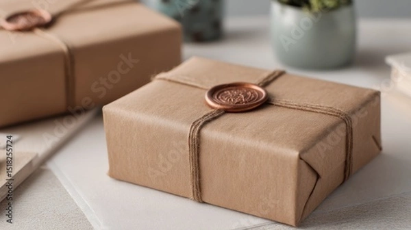 Fototapeta Rustic Gift Box Wrapped in Brown Paper with Wax Seal