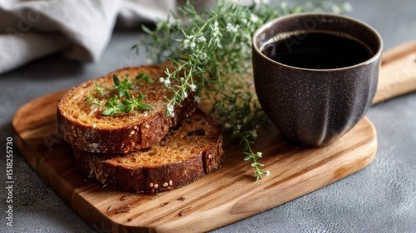 Fototapeta Rustic breakfast: Bread slices, coffee, and herbs