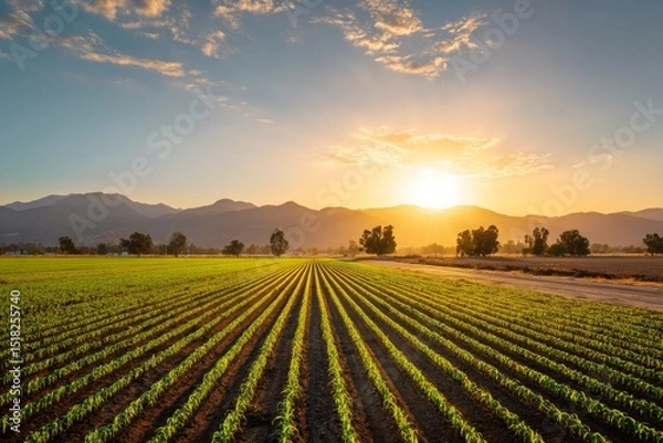 Fototapeta Rows of Young Crops in a Field at Sunset with Mountains
