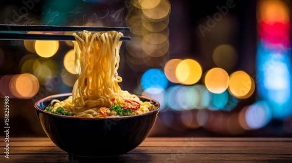 Fototapeta Steaming Noodles Lifted by Chopsticks Against City Lights Bokeh Background