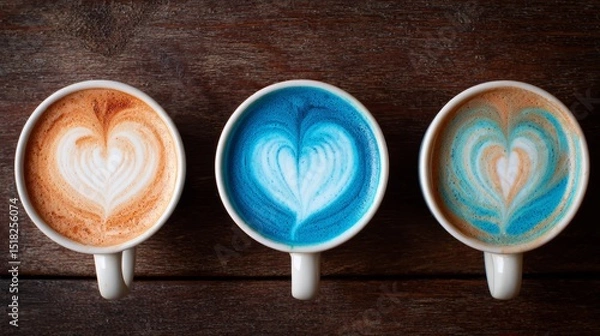 Fototapeta Three colorful heart latte art coffees on wooden background
