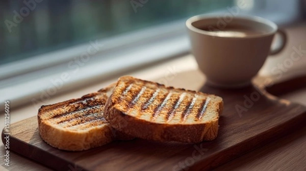 Fototapeta Toasted Bread Slices on Wooden Board with Coffee by Window Light