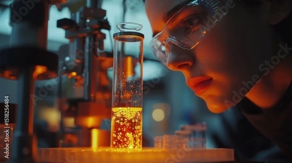 Fototapeta A female scientist closely examines a chemical reaction in a lab test tube for analysis.