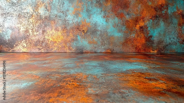 Fototapeta This stunning abstract texture features a vibrant blend of rust and teal colors, perfect for various design projects. Ideal for backgrounds and artistic expressions