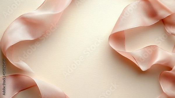 Fototapeta A delicate pink silk ribbon gracefully curves across a textured cream-colored backdrop.
