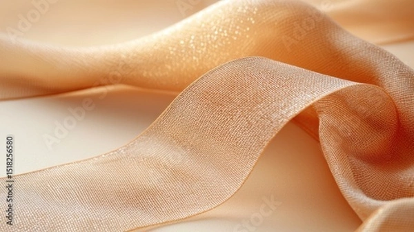 Fototapeta A close-up of a flowing, golden ribbon with a soft, shimmering texture on a beige backdrop.