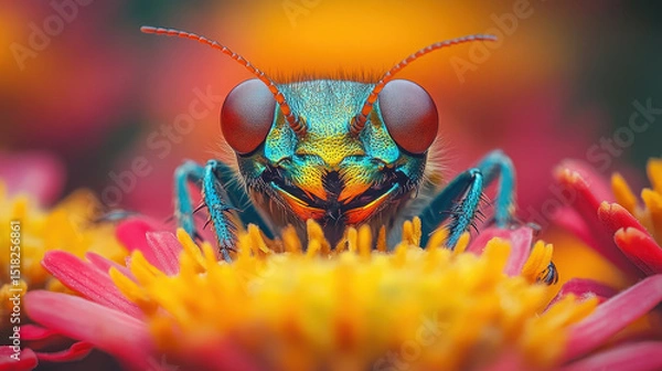 Fototapeta This stunning macro photograph features a colorful insect perched on bright flowers, showcasing intricate details of its eyes and antenna, capturing the essence of nature