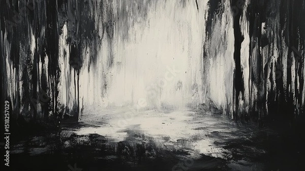 Fototapeta Mysterious abstract black and white ink painting with blurred brush strokes, ground shadows, and soft edges