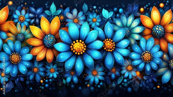 Fototapeta This stunning floral pattern showcases a mix of vibrant blue and orange flowers on a dark background, creating a striking visual appeal perfect for various design projects