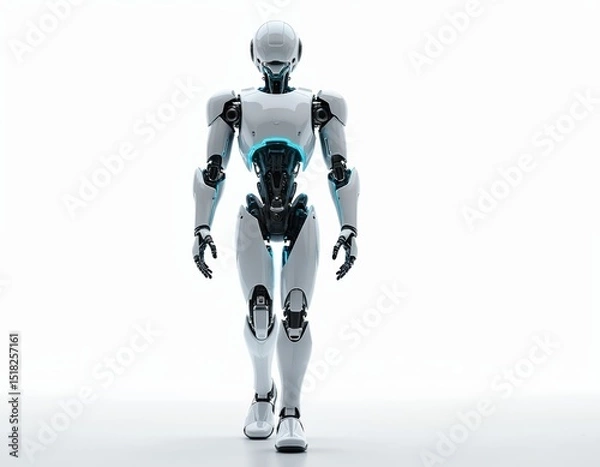 Fototapeta Futuristic humanoid robot walking on white background. White plastic android full body. Concept modern tech, cyberspace, ai, automation, future, cybernetics. Digital art illustration for innovative