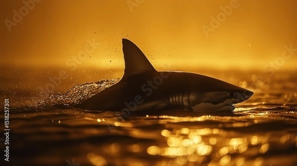 Fototapeta A great white shark swims gracefully through the ocean at sunset, in stunning silhouette.